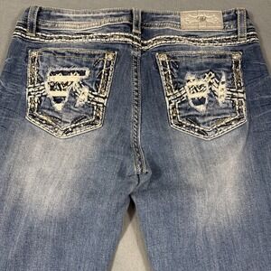 Miss Me Jeans Womens 34 Chloe Boot  Rhinestone DISTRESS RHINESTONES THICK STITCH